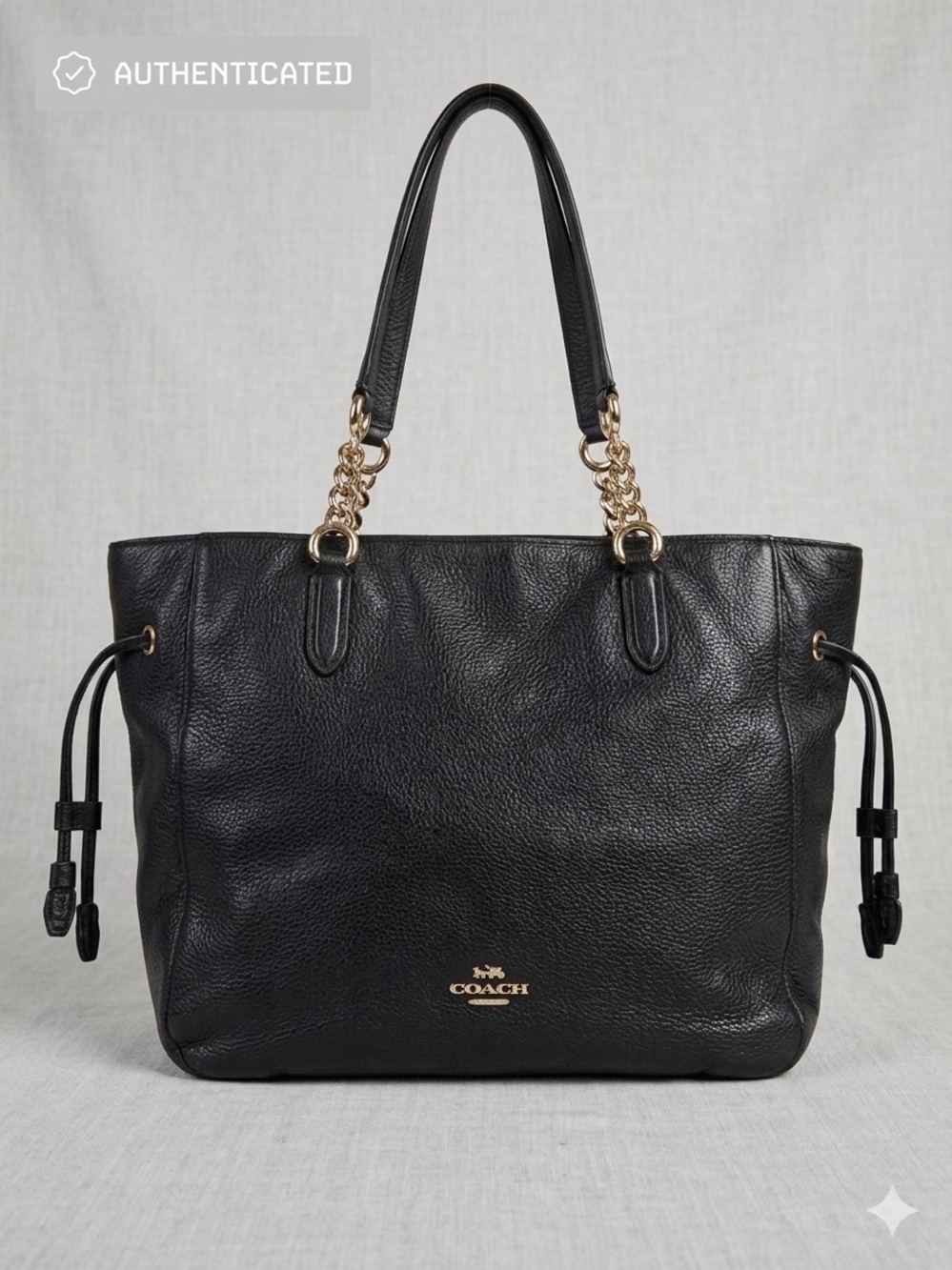 Coach Elle Black Pebbled Leather Tote with Gold Chain Straps